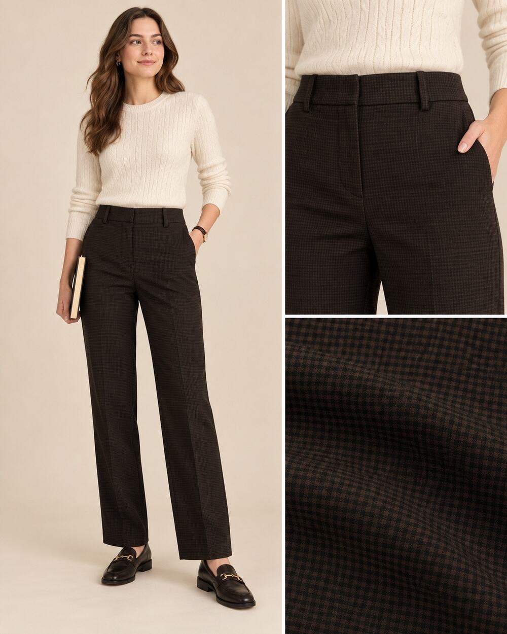 Aritzia Babaton Agency Pant 0 Brown Check High Rise Straight Trouser Preppy